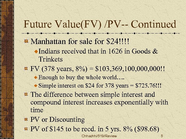 Future Value(FV) /PV-- Continued Manhattan for sale for $24!!!! Indians received that in 1626