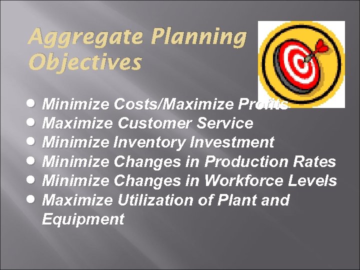 Aggregate Planning Objectives · Minimize Costs/Maximize Profits · Maximize Customer Service · Minimize Inventory