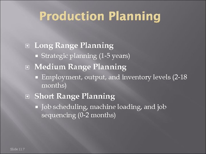 Production Planning Long Range Planning Medium Range Planning Employment, output, and inventory levels (2