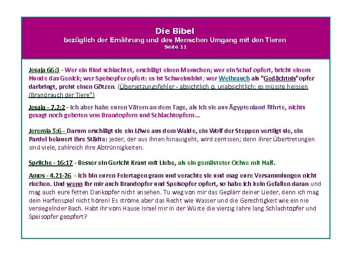 Die Bibel bezüglich der Ernährung und des Menschen Umgang mit den Tieren Seite 11