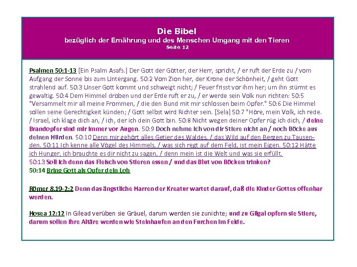 Die Bibel bezüglich der Ernährung und des Menschen Umgang mit den Tieren Seite 12