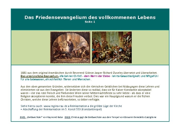 Das Friedensevangelium des vollkommenen Lebens Seite 1 1881 aus dem original Aramäischen durch Reverend