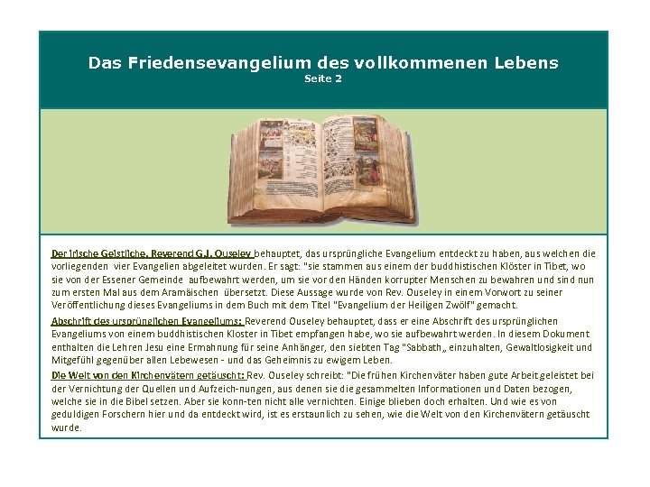Das Friedensevangelium des vollkommenen Lebens Seite 2 Der irische Geistliche, Reverend G. J. Ouseley