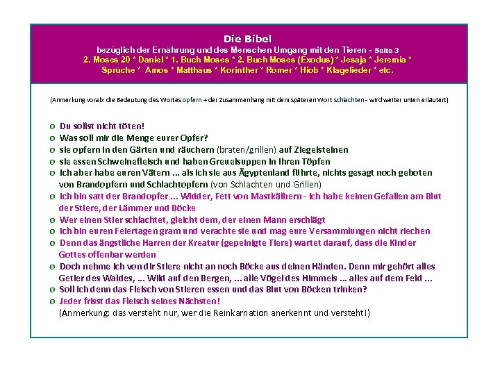 Die Bibel bezüglich der Ernährung und des Menschen Umgang mit den Tieren - Seite