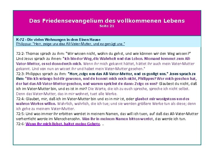 Das Friedensevangelium des vollkommenen Lebens Seite 21 K-72 - Die vielen Wohnungen in dem