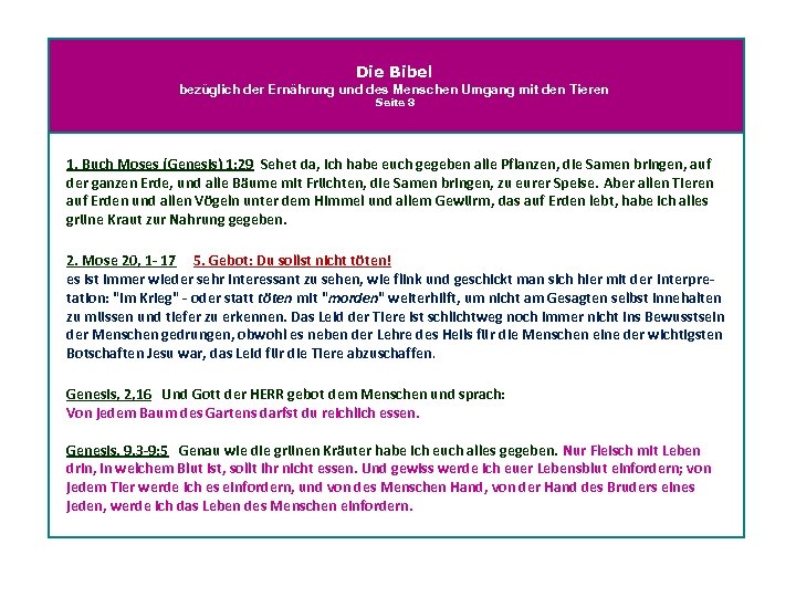 Die Bibel bezüglich der Ernährung und des Menschen Umgang mit den Tieren Seite 8