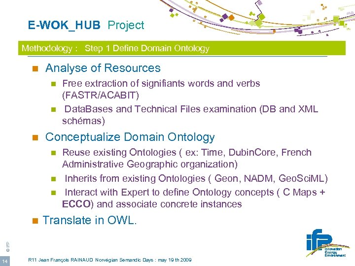  E-WOK_HUB Project Methodology : Step 1 Define Domain Ontology n Analyse of Resources