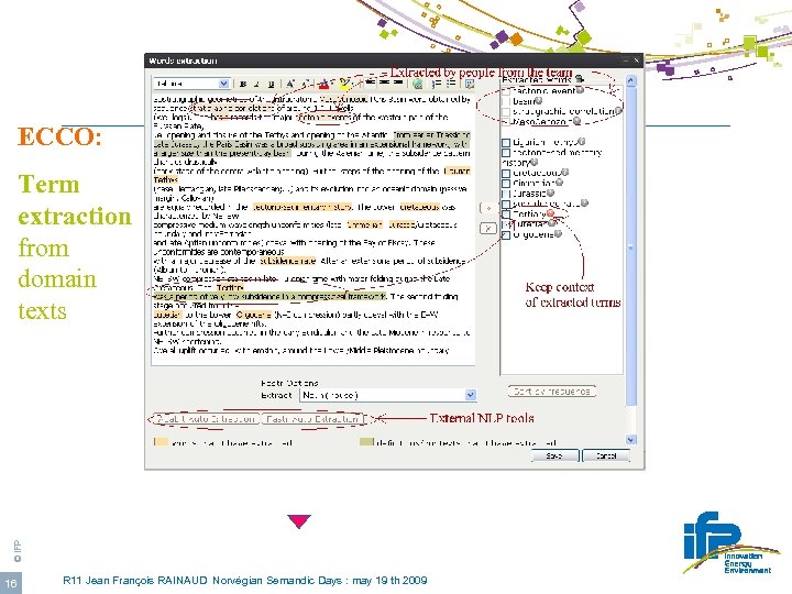 ECCO: © IFP Term extraction from domain texts 16 R 11 Jean François RAINAUD