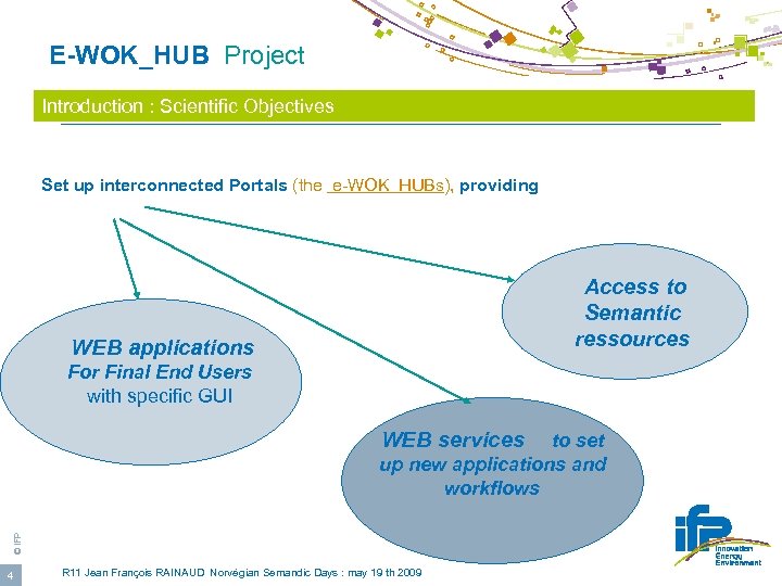  E-WOK_HUB Project Introduction : Scientific Objectives Set up interconnected Portals (the e-WOK HUBs),