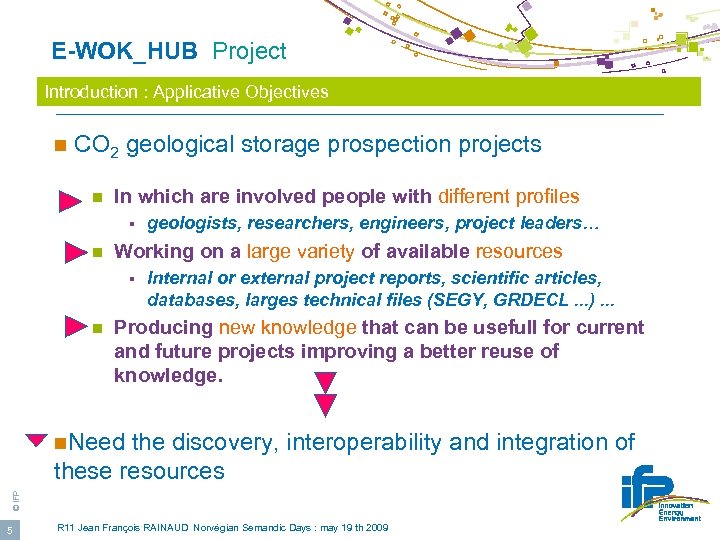  E-WOK_HUB Project Introduction : Applicative Objectives n CO 2 geological storage prospection projects