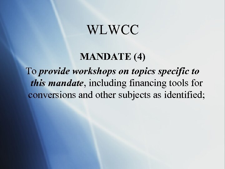 WLWCC MANDATE (4) To provide workshops on topics specific to this mandate, including financing