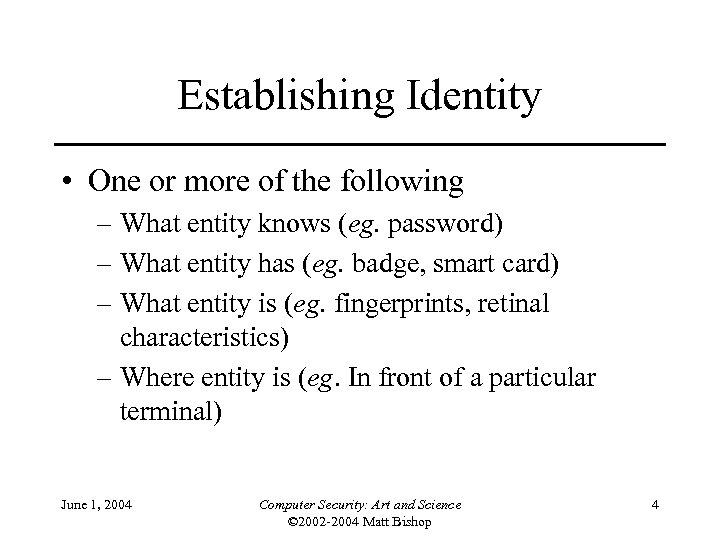 Establishing Identity • One or more of the following – What entity knows (eg.