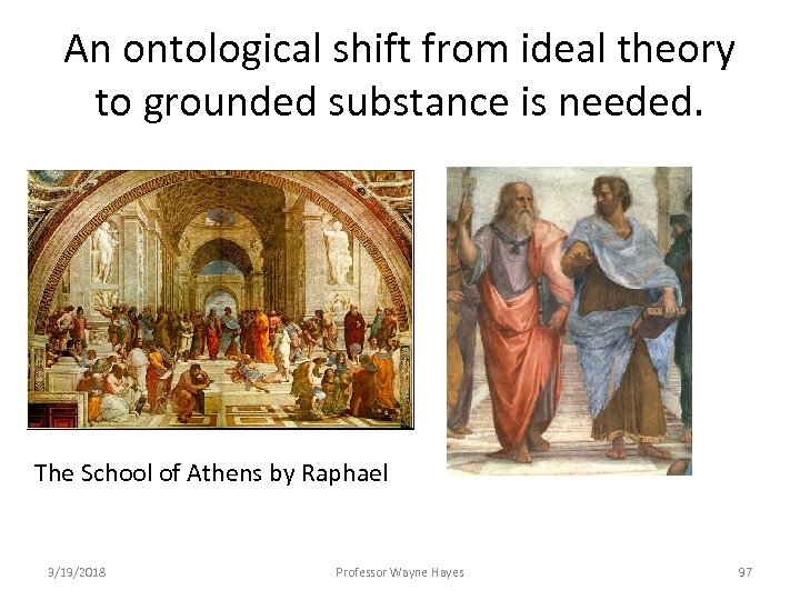 An ontological shift from ideal theory to grounded substance is needed. The School of