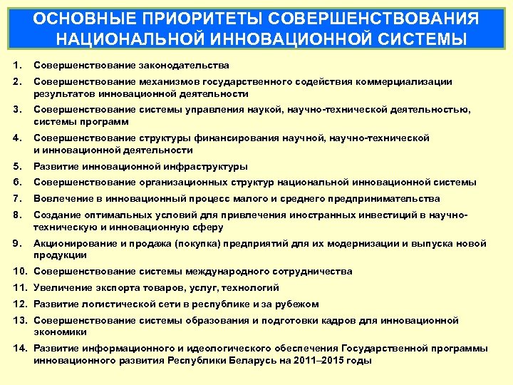 ОСНОВНЫЕ ПРИОРИТЕТЫ СОВЕРШЕНСТВОВАНИЯ НАЦИОНАЛЬНОЙ ИННОВАЦИОННОЙ СИСТЕМЫ 1. Совершенствование законодательства 2. Совершенствование механизмов государственного содействия