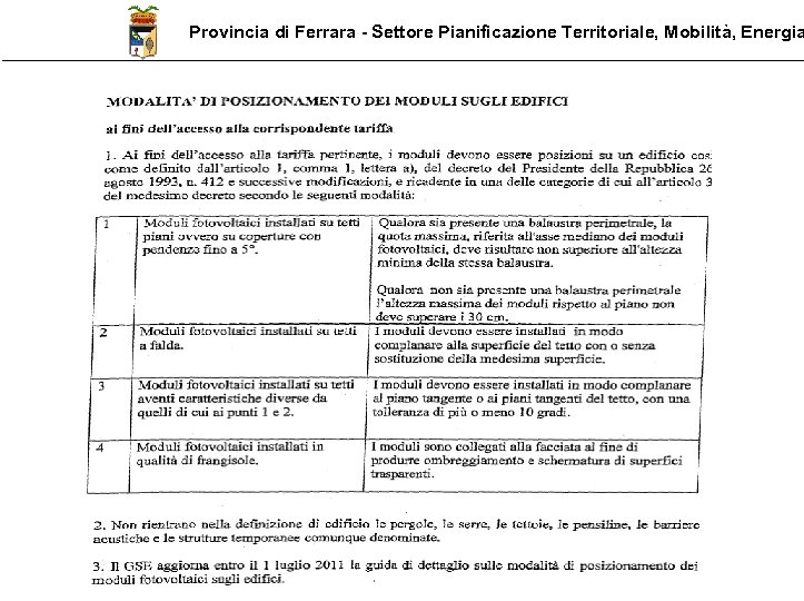 Provincia di Ferrara - Settore Pianificazione Territoriale, Mobilità, Energia 