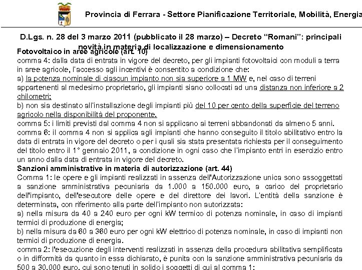 Provincia di Ferrara - Settore Pianificazione Territoriale, Mobilità, Energia D. Lgs. n. 28 del