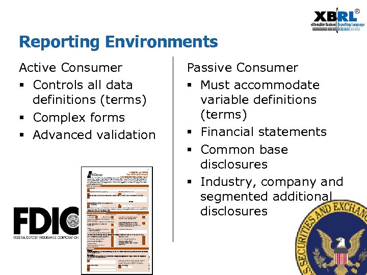 ® Reporting Environments Active Consumer § Controls all data definitions (terms) § Complex forms