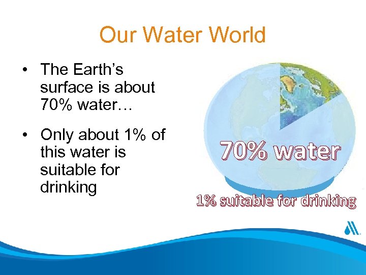 Our Water World • The Earth’s surface is about 70% water… • Only about