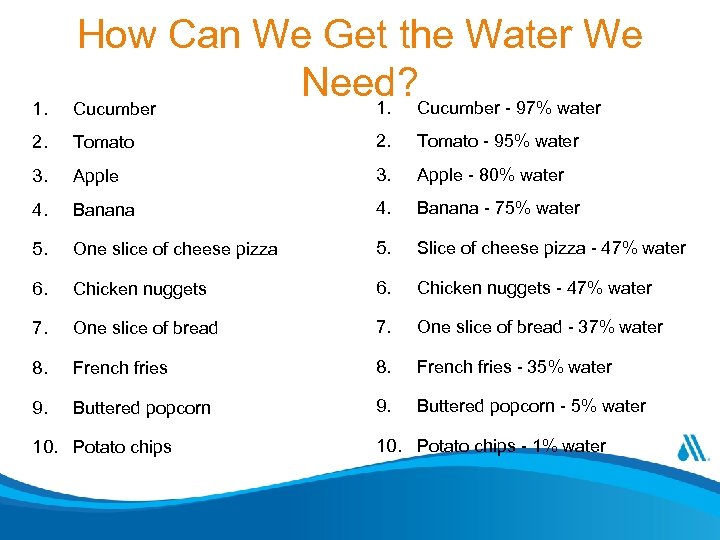 1. How Can We Get the Water We Need? Cucumber - 97% water 1.