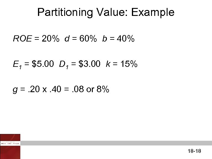 Partitioning Value: Example ROE = 20% d = 60% b = 40% E 1