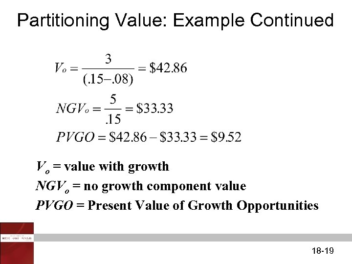 Partitioning Value: Example Continued Vo = value with growth NGVo = no growth component