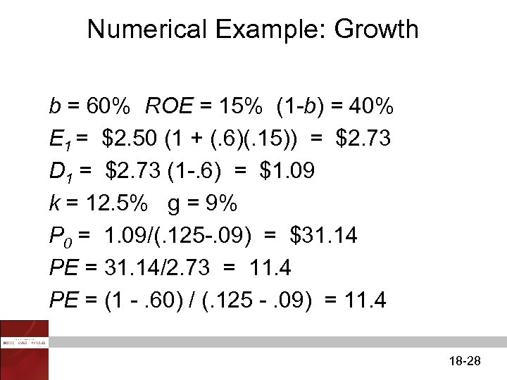 Numerical Example: Growth b = 60% ROE = 15% (1 -b) = 40% E