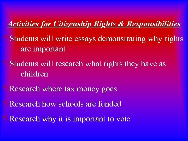 Activities for Citizenship Rights & Responsibilities IStudents will write essays demonstrating why rights are