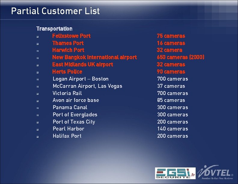 Partial Customer List Transportation Felixstowe Port Thames Port Harwich Port New Bangkok International airport