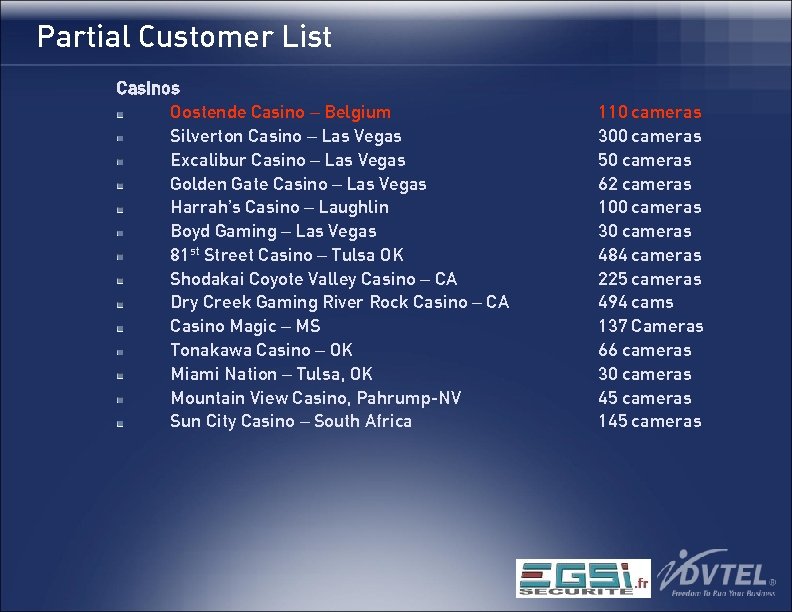 Partial Customer List Casinos Oostende Casino – Belgium Silverton Casino – Las Vegas Excalibur