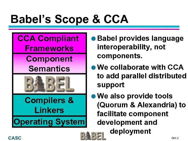 Babel’s Scope & CCA Compliant Frameworks Component Semantics Compilers & Linkers Operating System CASC