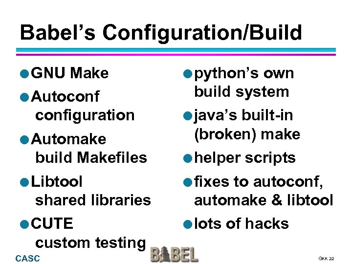 Babel’s Configuration/Build l GNU Make l Autoconfiguration l Automake build Makefiles l Libtool shared