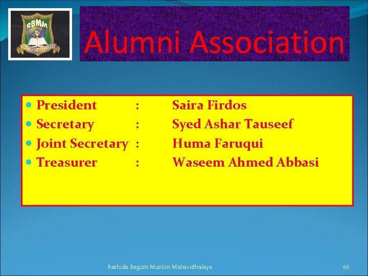 Alumni Association President Secretary Joint Secretary Treasurer : : Saira Firdos Syed Ashar Tauseef