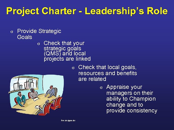 Project Charter - Leadership’s Role s Provide Strategic Goals s Check that your strategic