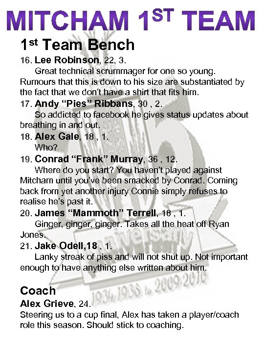 1 st Team Bench 16. Lee Robinson, 22, 3. Great technical scrummager for one