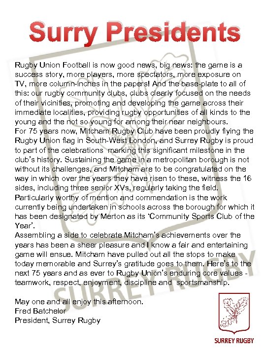 Surry Presidents Rugby Union Football is now good news, big news: the game is