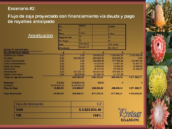 Escenario #2: Flujo de caja proyectado con financiamiento vía deuda y pago de royalties