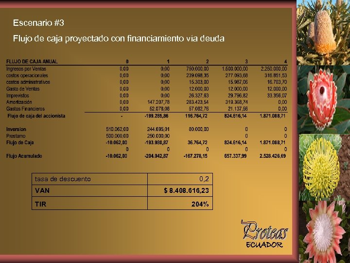 Escenario #3 Flujo de caja proyectado con financiamiento vía deuda tasa de descuento VAN