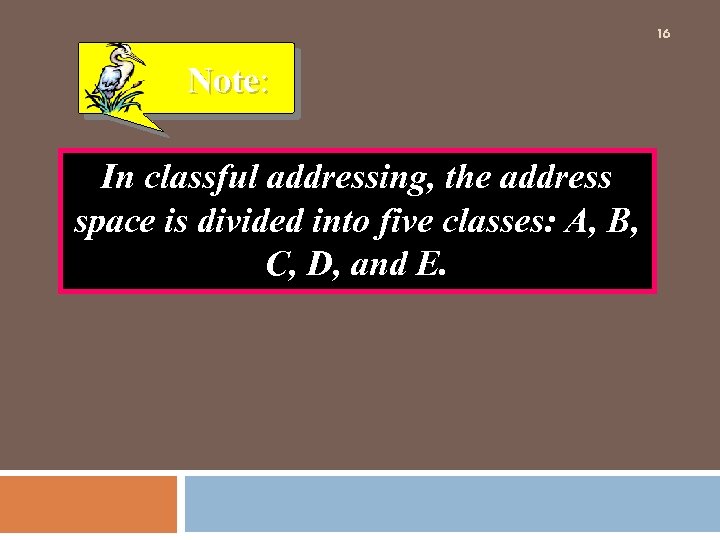 16 Note: In classful addressing, the address space is divided into five classes: A,