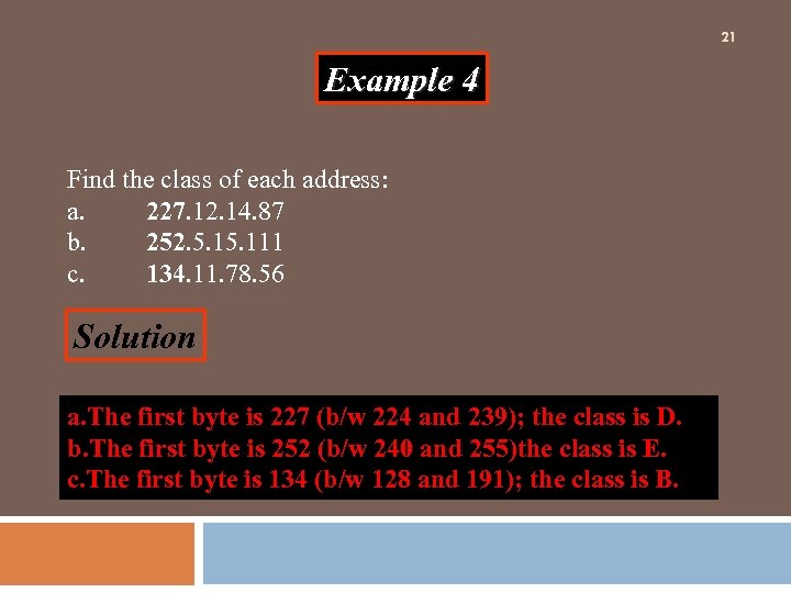 21 Example 4 Find the class of each address: a. 227. 12. 14. 87