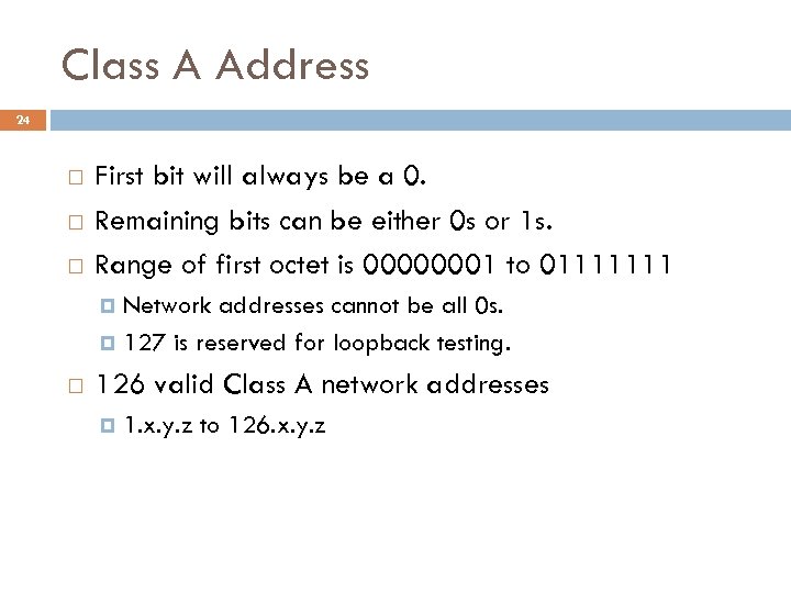 Class A Address 24 First bit will always be a 0. Remaining bits can