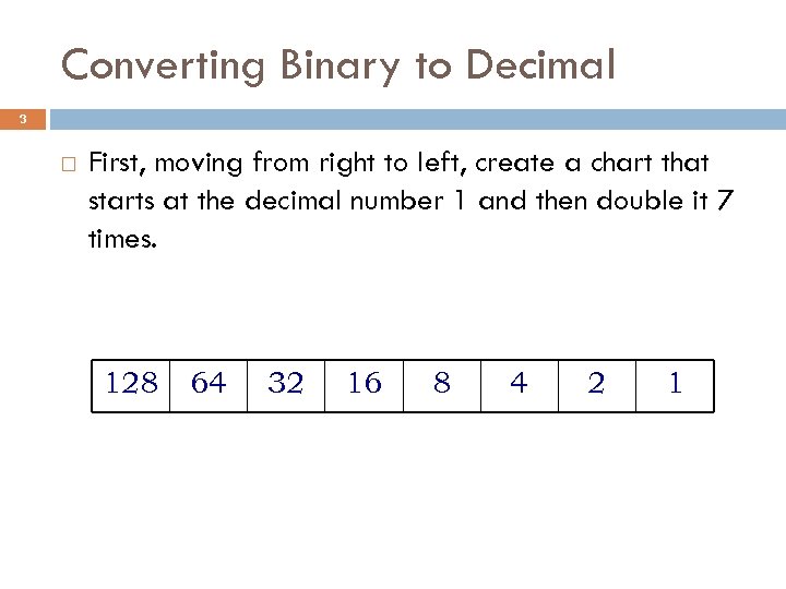 Converting Binary to Decimal 3 First, moving from right to left, create a chart