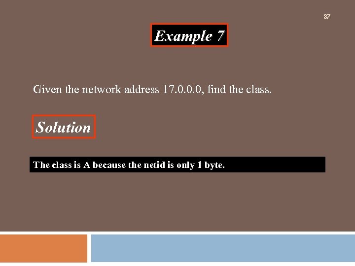 37 Example 7 Given the network address 17. 0. 0. 0, find the class.