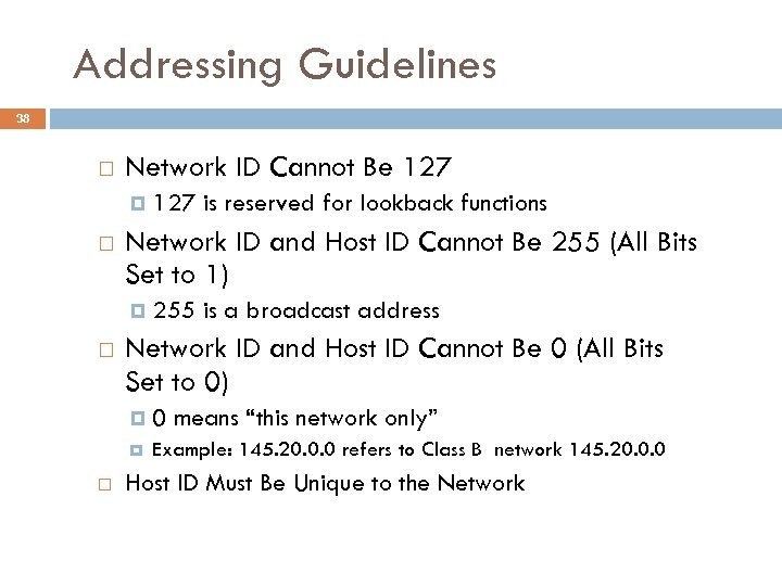 Addressing Guidelines 38 Network ID Cannot Be 127 Network ID and Host ID Cannot