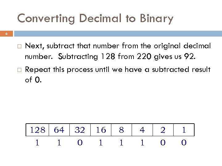 Converting Decimal to Binary 6 Next, subtract that number from the original decimal number.