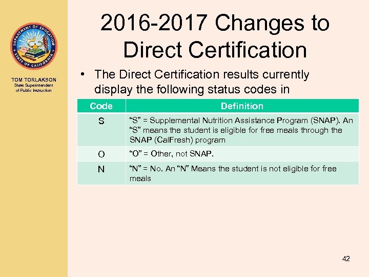 2016 -2017 Changes to Direct Certification TOM TORLAKSON State Superintendent of Public Instruction •