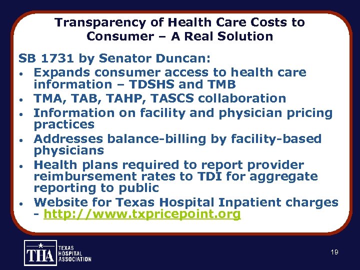 Transparency of Health Care Costs to Consumer – A Real Solution SB 1731 by