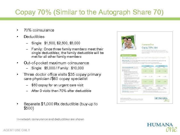 Copay 70% (Similar to the Autograph Share 70) • 70% coinsurance • Deductibles –