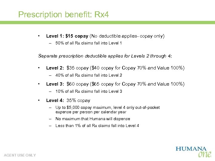 Prescription benefit: Rx 4 • Level 1: $15 copay (No deductible applies- copay only)