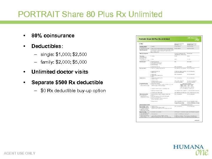 PORTRAIT Share 80 Plus Rx Unlimited • 80% coinsurance • Deductibles: – single: $1,