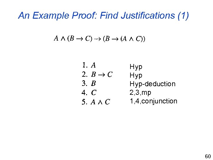 An Example Proof: Find Justifications (1) Hyp Hyp-deduction 2, 3, mp 1, 4, conjunction